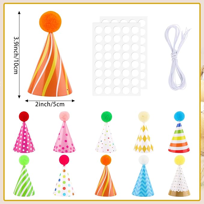 10 Pcs Mini Birthday Hats for Stuffed Animals Cone Tiny Party Hats - Image 2