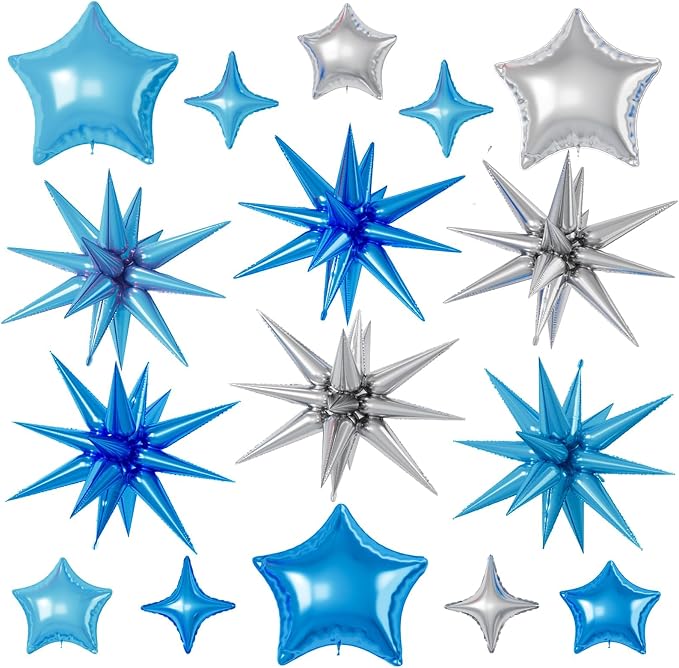 Blue Silver Star Balloons, 22/18/10 Inch Foil Balloons, Four-Pointed Balloon by Sowide