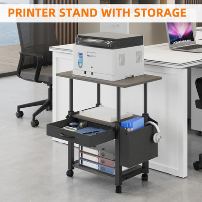 22"x15" Large Printer Stand with Drawer and-side Bag, Adjustable 3-Tier Printer Cart for Home Office, Rolling Printer Stand Fit Heat Press/Laser/3D Printer (Grey)