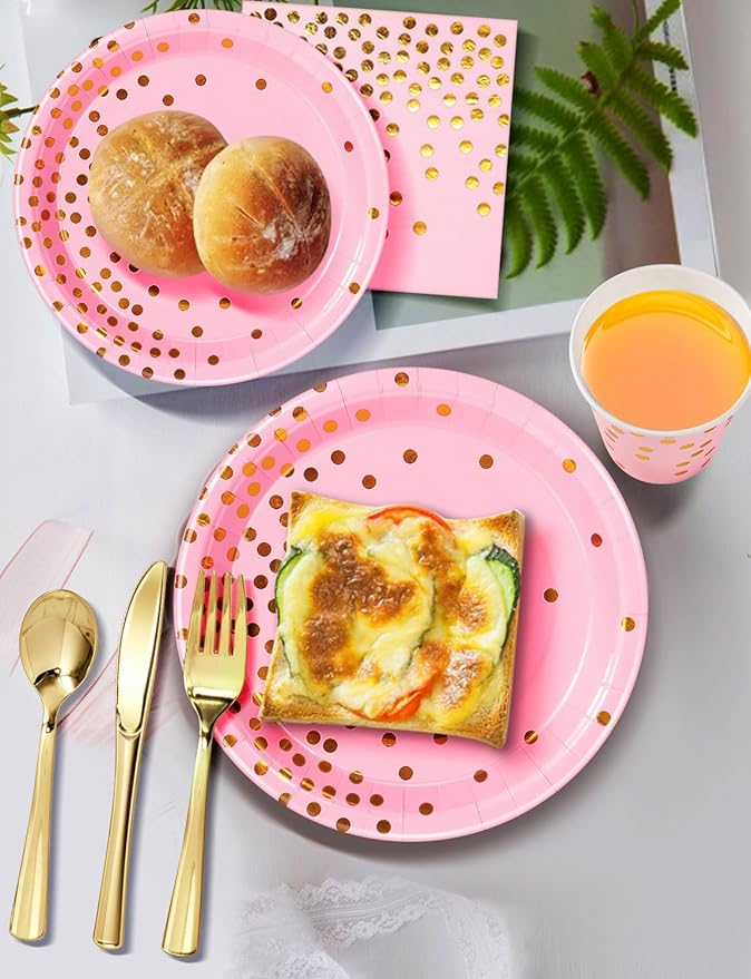 141 Pieces Pink and Gold Party Supplies, Party Dinnerware Sets Include Paper Plates Napkins Cups Silverware, for Wedding Bridal Shower Engagement Birthday Parties Decoration -20 Serves
