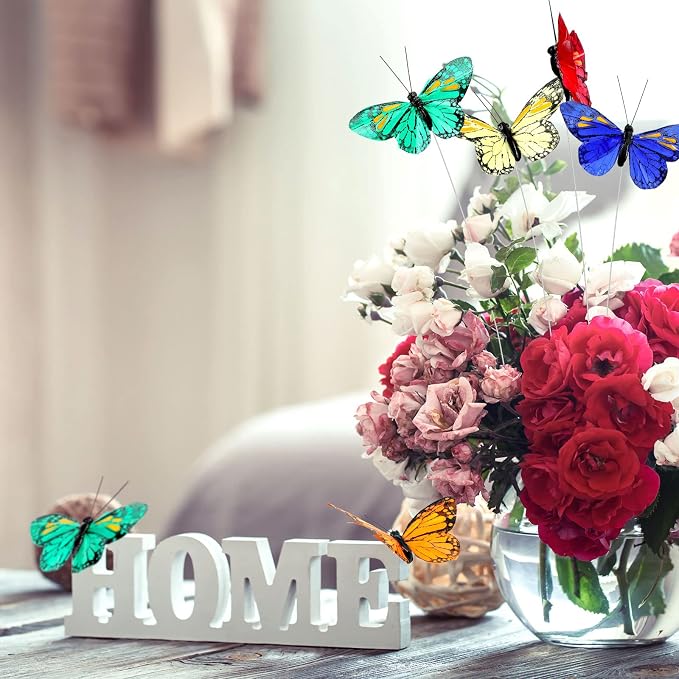 Ysleen 12 Set Monarch Butterfly Decoration Artificial Butterflies Feather Picks - Image 3