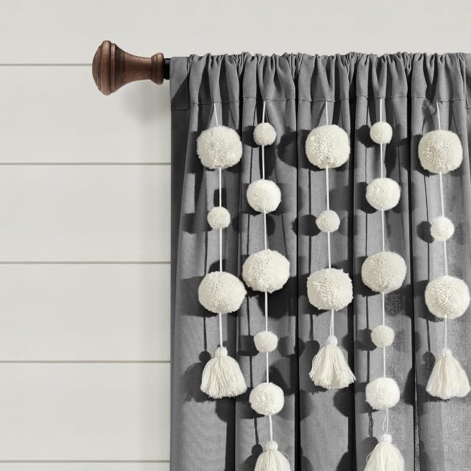Lush Decor Boho Pom Pom Tassel Linen Textured Window Curtain Panel, Single 52" - Image 2