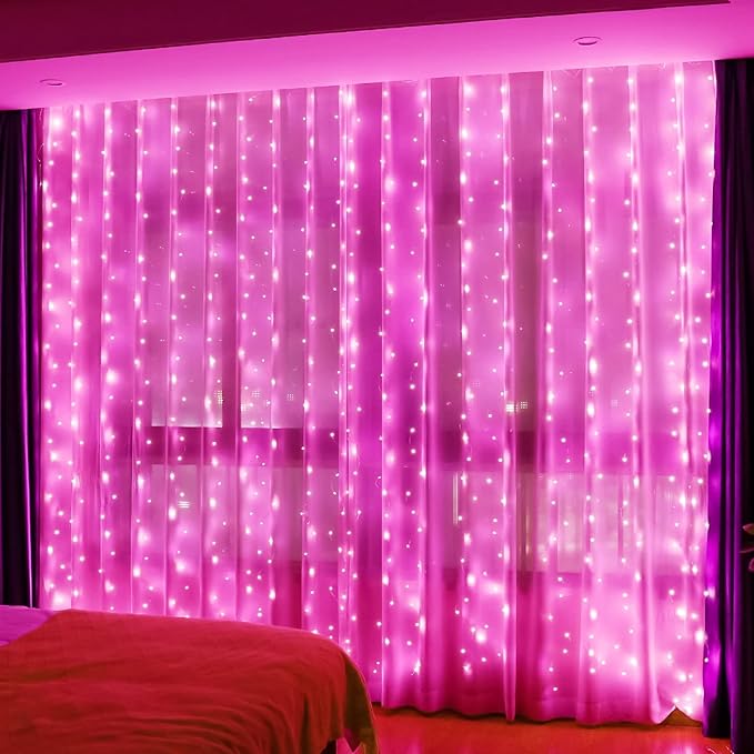 HXWEIYE 300LED Fairy Curtain Lights, 9.8x9.8Ft USB Plug-in 8 Modes Christmas String Hanging Lights with Remote for Bedroom Backdrop Wedding Party Indoor Wall Decor, Pink