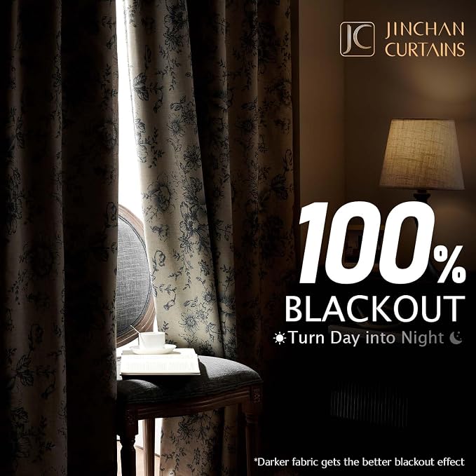 jinchan Grey Floral Linen Blackout Curtains Lined 96 Inch Back Tab 2 Panels | - Image 2