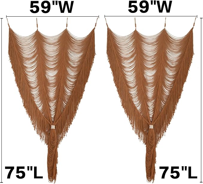 2 Panels Macrame Curtains 59" W x 75" H Handwoven Brown Room Divider Door | - Image 3