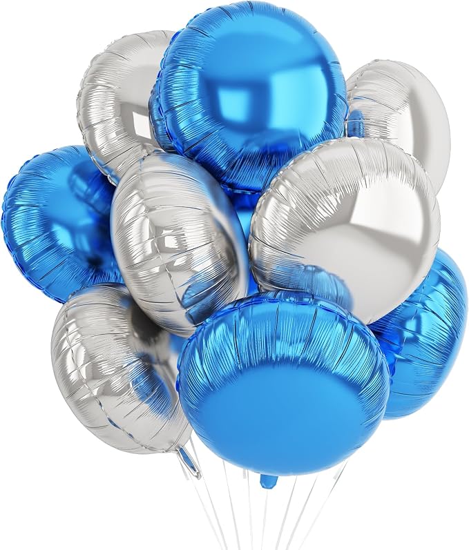 20PCS Blue Silver Round Shaped Foil Balloons, 18 Inch Round Foil Balloon by Paready