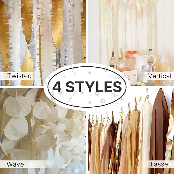 PartyWoo White Beige Sand Off White Crepe Paper Streamers 6 Rolls 492 FT | - Image 5