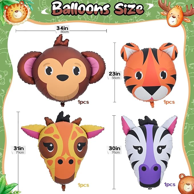 4pcs Large Jungle Safari Animal Balloons, Tiger Giraffe Zebra Monkey Head Foil - Image 2