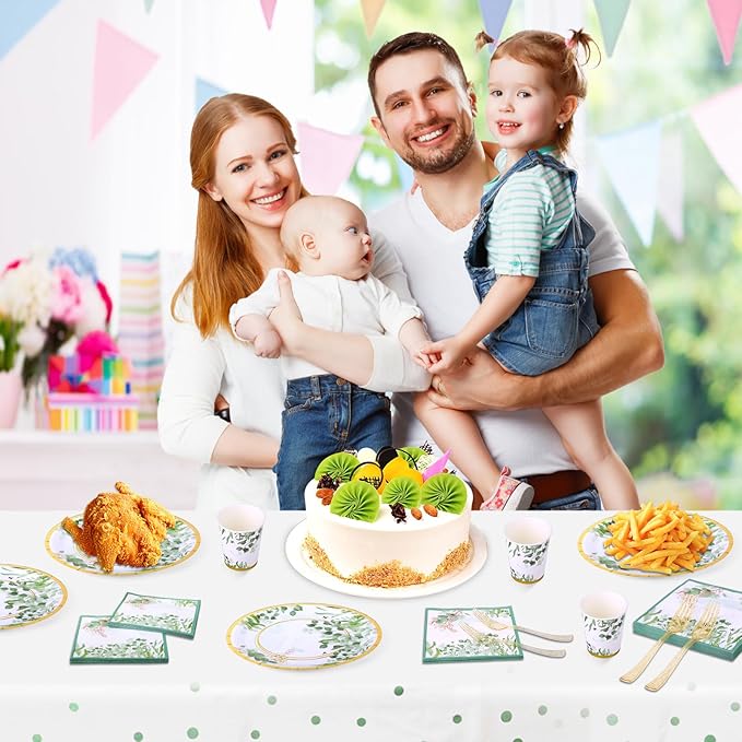 Sage Green Party Decoration, 126PCS Sage-Green Plates and Napkins Party Supplies, Spring Greenery Eucalyptus Leaves Disposable Dinnerware Decor for Wedding Birthday Baby Shower