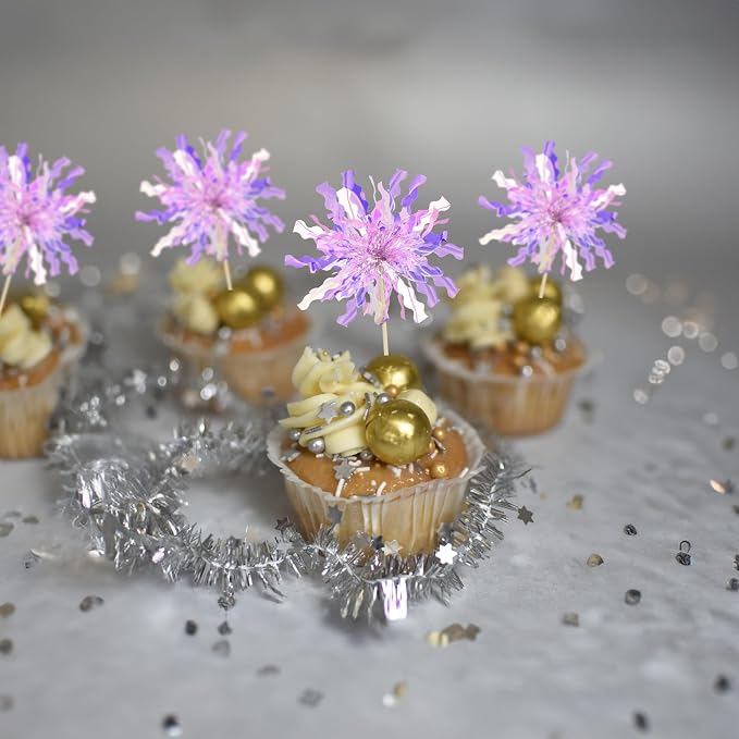 Gyufise 30Pcs Foil Firework Cupcake Toppers Happy Birthday Cake Toppers Tinsel - Image 5