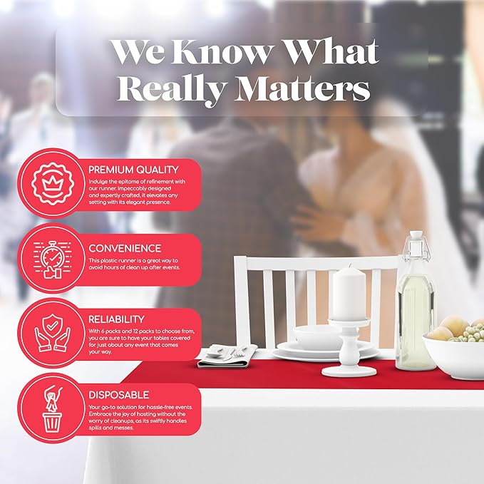 Red 6 Pack Premium Disposable Plastic Table Runner 14 x 108 Inch. Table Runner for Dinner Parties & Events by Grandipity