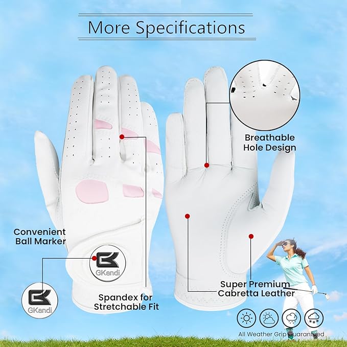 Women Golf Gloves Premium Leather with Magnetic Ball Marker Left Right Hand 1 Pack, Extra Grip for Ladies Comfortable Durable Size Small Medium Large