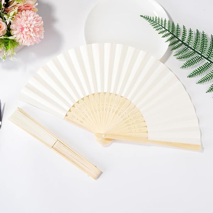 Sepwedd 50pcs Cream-Coloured Paper Hand Fan Bamboo Folding, Handheld Paper Fan - Image 4
