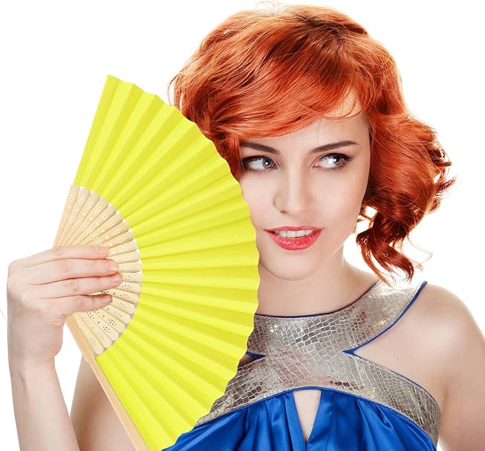 FEPITO 20 Pieces Handheld Yellow Paper Fan Paper Folding Fans - Image 5