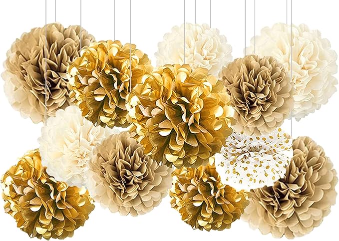 Gold White Party Decorations, Pompoms Flowers by SIPRKAICT