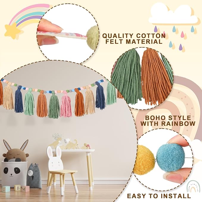 Janinka 4 Pcs Boho Tassel Garlands Rainbow Pom Pom Garland - Image 4