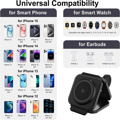Wireless Charging Station for Apple Multiple Devices - 3 in 1 Foldable Magnetic Wireless Charger - Travel Charging Pad for iPhone 16 15 14 13 12 Pro Max Plus Watch & AirPods (Black)