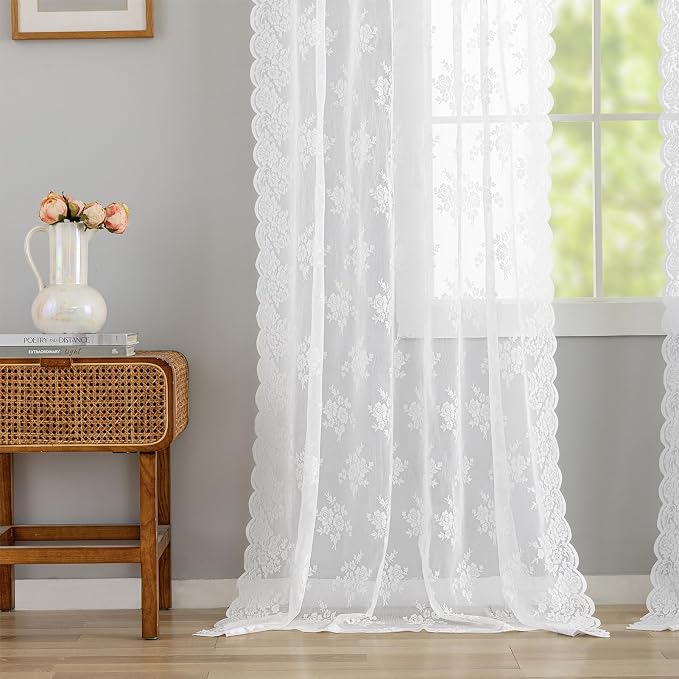 Kotile White Lace Curtains for Living Room Rustic Floral 52x92 in, 2 Panels | - Image 6