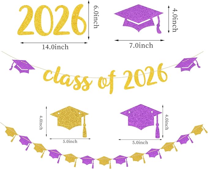 Purple-White Gold Party-Decorations Graduation Banner-Streamers - Image 2