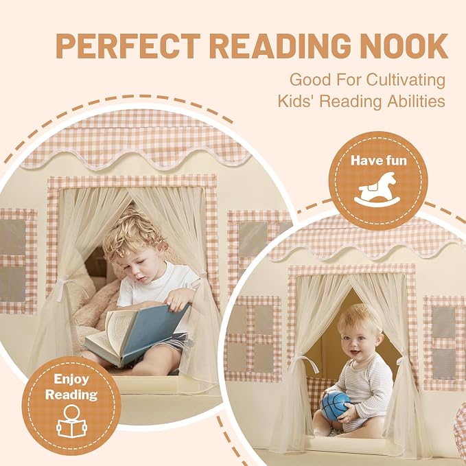 Kids Play Tent Indoor: with Brown Checkered, Rainbow Tissue Garland - Image 3