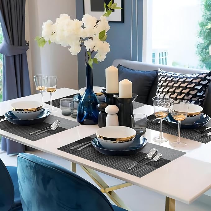 HeloHo Black Placemats Set of 6 Washable Place Mats Vinyl Woven Table Mats - Image 6