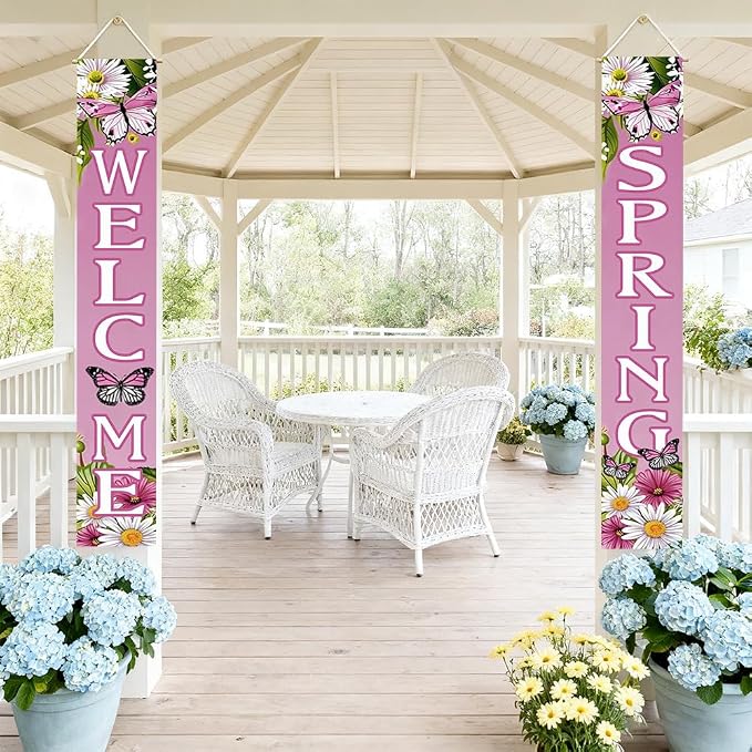 2 Piece Porch Banners 71x12 Inch Welcome Spring Butterfly Decor | Two-piece - Image 2