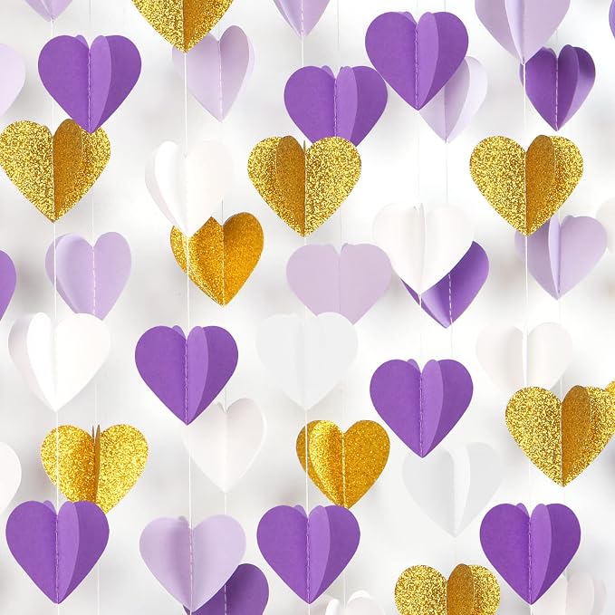 Purple-Gold Party-Decorations 3D Heart Garland - 39Ft White Purple Lavender by OURUOLA