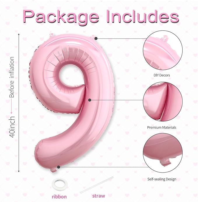 40 Inch Pink Number 9 Balloon, Giant Number Balloons, Birthday Decorations | - Image 3