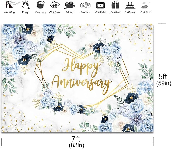 Happy Anniversary Backdrop 7x5ft Blue and White Flowers Wedding Anniversary - Image 3