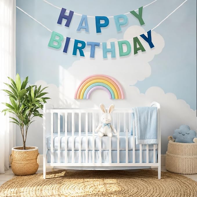 Felt Happy Birthday Banner, Pre-Strung 3D Blue and Green Birthday Banner | - Image 5