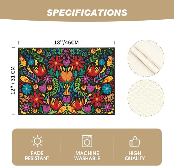 Artoid Mode Mexican Cinco De Mayo Placemats Set of 6, 12 x 18 Inch Dia De Los - Image 5
