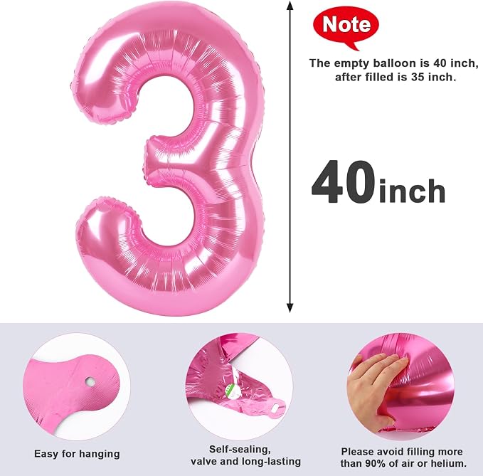 3 Balloon Numbers Birthday Decorations, 40In Pink Balloons - Image 5