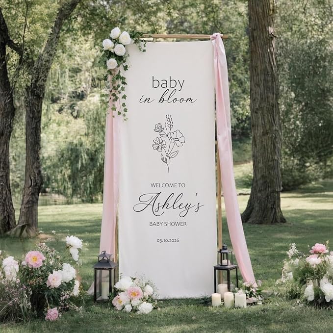 Custom Linen Baby Shower Welcome Sign, Floral Baby in Bloom Banner - Image 2
