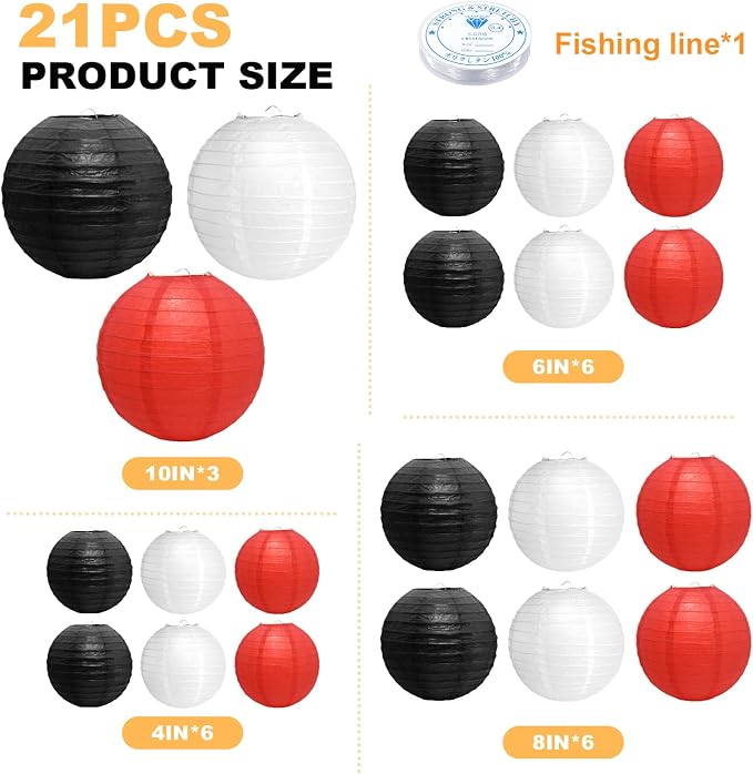 21Pcs Black Red White Paper Lanterns, 4-10in Round Hanging Decor, Parties | - Image 2