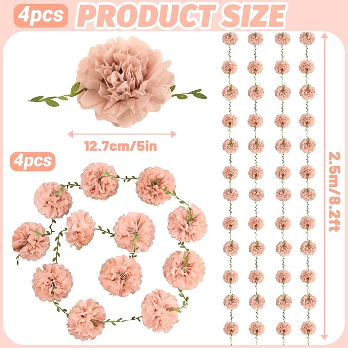 Homarkable Pink Tissue Paper Pom Pom Garlands, Paper Flowers - Image 3