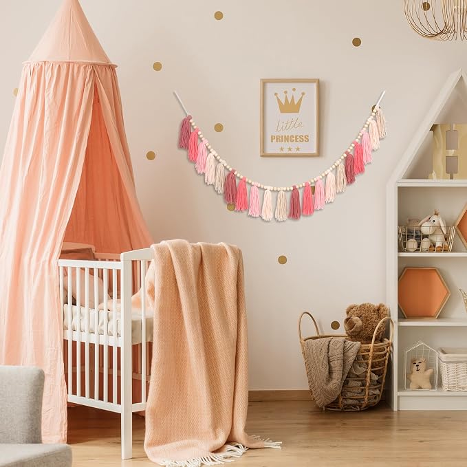 Pink Yarn Tassel Garland Boho Preppy Wall Hanging Decor Bunting Banner Tassels - Image 5