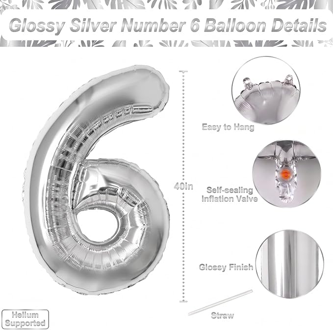 Sleek Silver Metallic Finish Number 6 Balloon, Chic Modern Party Decorations - Image 4