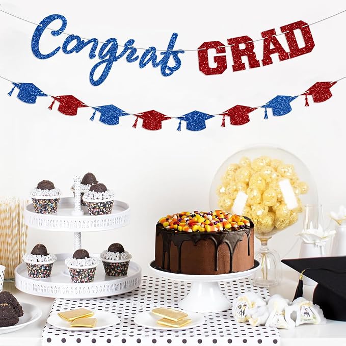 Prestrung Congrats Grad Banner Red and Blue Graduation Banner - Image 6
