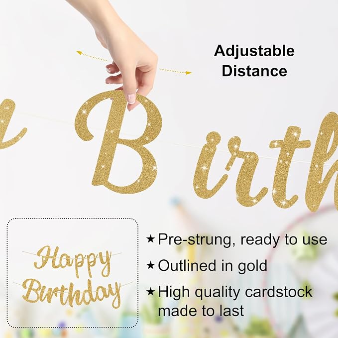 Pre-Strung Happy Birthday Banner, NO DIY Party Decorations | Glitter Gold - Image 3