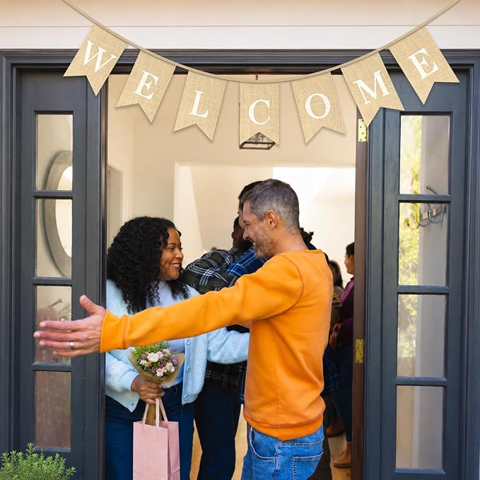 Pre-Strung WELCOME Banner with Burlap Flag, Rustic Linen Letter Garland - Image 6