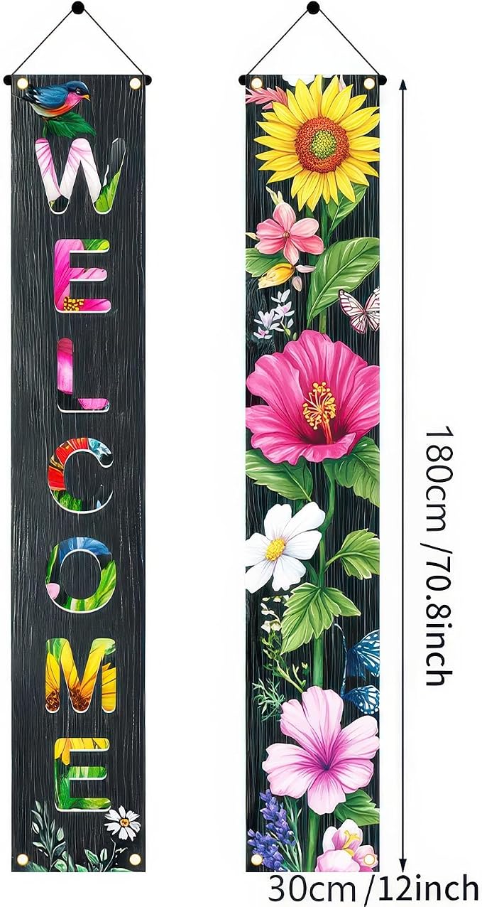 BlissYard 2 Pcs Welcome Floral Porch Banners Spring Summer Bird Butterfly - Image 6