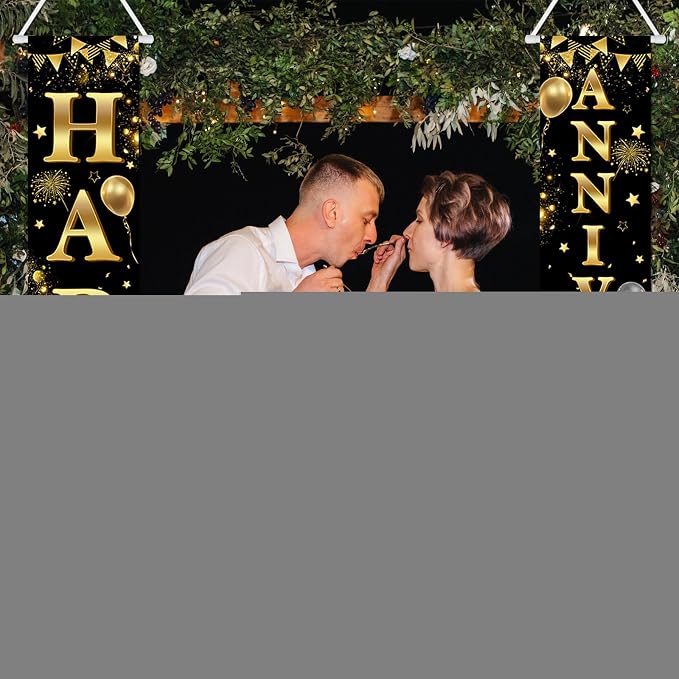 Avezano Happy Anniversary Door Banner Black and Gold Anniversary Decorations - Image 2