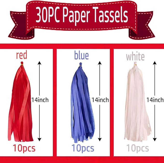 Red White and Blue Tissue Paper Tassels 30pcs Streamers Party - Image 2