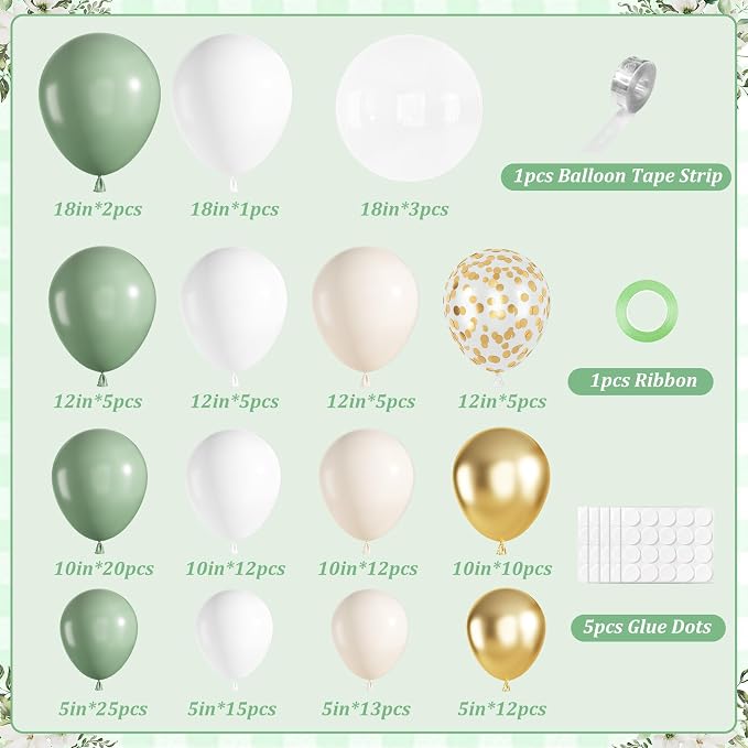 152Pcs Sage Green White Gold Balloons Arch Garland Kit | Different Sizes 18 12 - Image 2