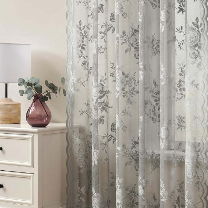 Gray Lace Curtains 96 Inches Long 2 Panels Grey Sheer Floral Curtains - Image 2