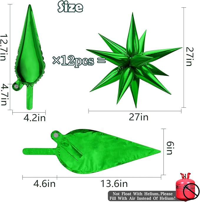 Green Star Foil Balloon 12 Point Cone Explosion Star Foil Balloon | 60 Pcs - Image 2
