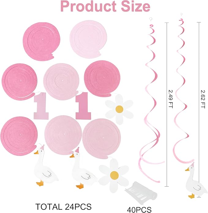 24Pcs Pink One Silly Goose Hanging Swirl Decorations Daisy Felt Swirl Streamer - Image 2