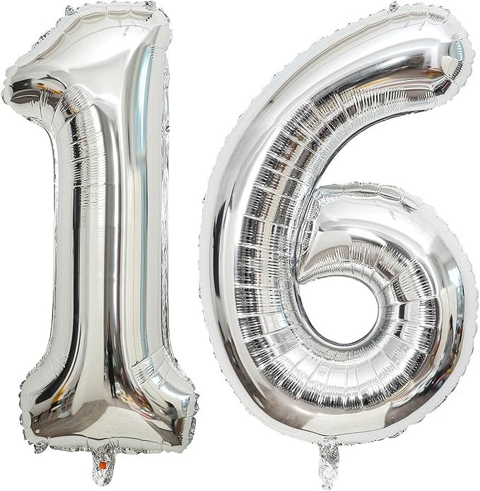 40 Inch Silver 16 Number Balloons Giant 16 or 61 Balloons Silver Birthday 16 by LHOAVWE