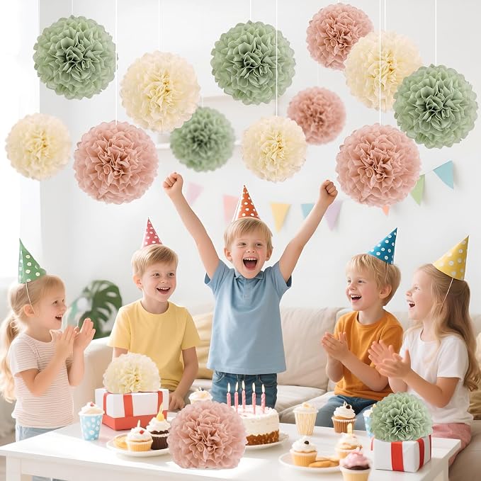 EASY JOY Sage Green Tissue Pom Poms Paper Flowers Decorations Natural Green - Image 7