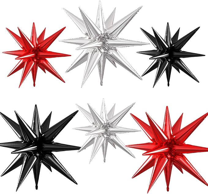 Silver Red Black Star Balloons, 22/27 Inch Silver Black Red Star Foil Balloons by Paready